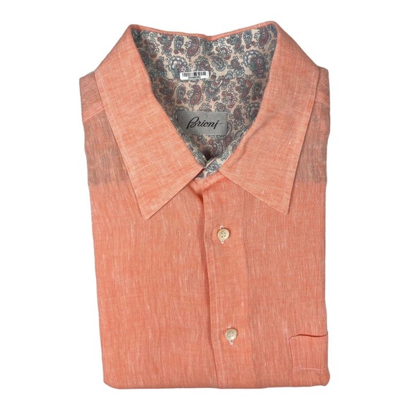 Brioni Pure Linen Peachy Orange S/S Mens Button Front Size Large - Picture 1 of 5